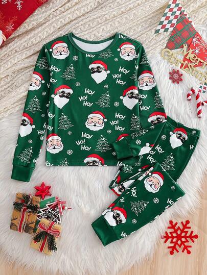 2pcs Boys' Long Sleeve Santa Claus & Christmas Tree Graphic Letter Print Snug Fit Comfortable Pajama Set