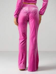 Missguided x Playboy Pantalones acampanados con cintura plegable en tela de terciopelo lujosa para comodidad y estilo casual