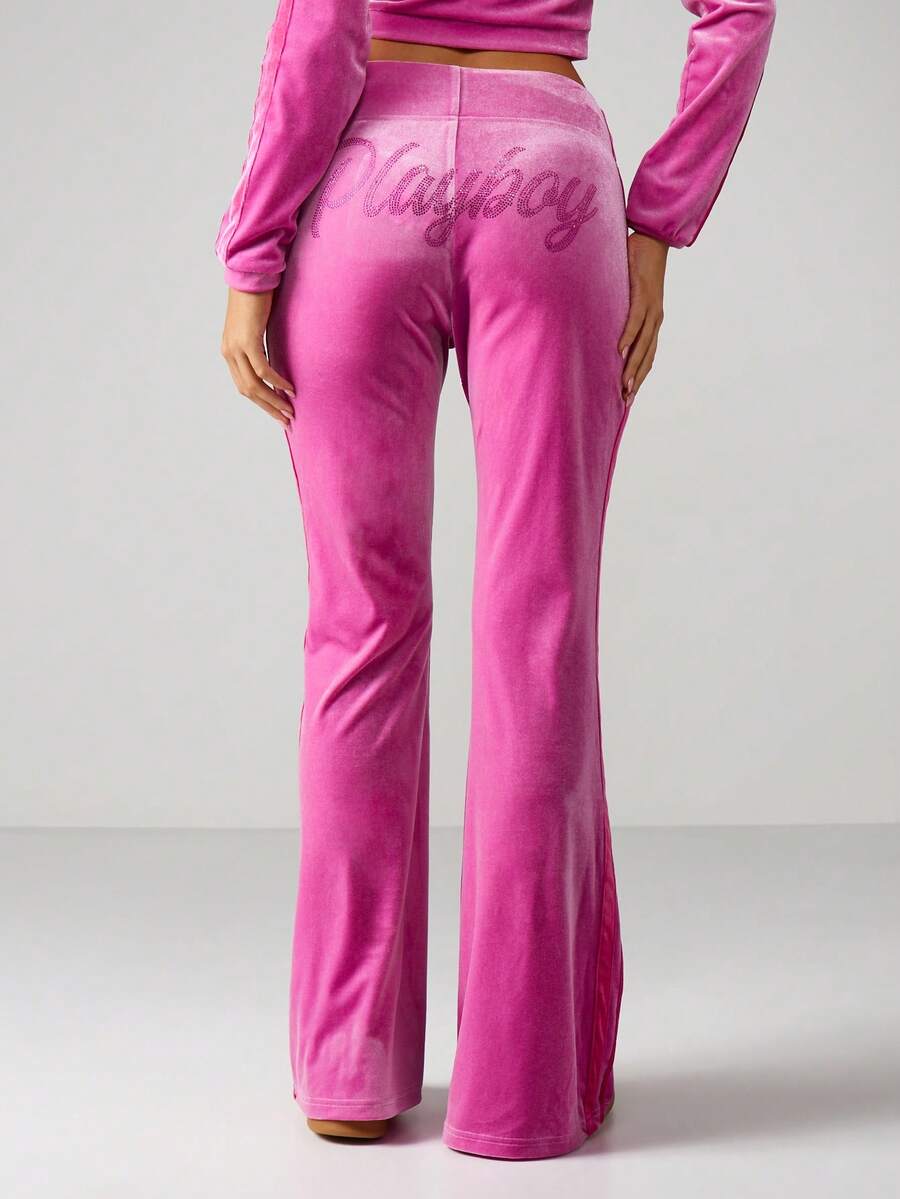 Missguided x Playboy Pantalones acampanados con cintura plegable en tela de terciopelo lujosa para comodidad y estilo casual