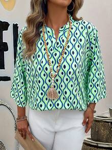 SHEIN CURVE+ Chemise décontractée élégante à imprimé floral pour femmes grandes tailles, tissu confortable, manches 3/4, coupe régulière, vert, convient pour le printemps, l'été et l'automne