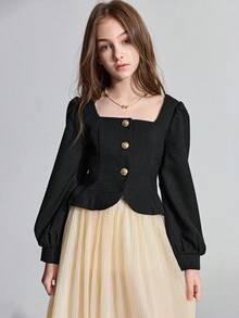 Maija Kids Maija Kids 青少年女孩编织黑色方领夹克和裙子优雅休闲装 - 黑與白 - 查看 4