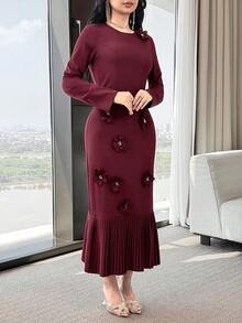 Modelyn Women's Round Neck Long Sleeve Floral Decor Pleated Hem Elegant Dress - Burgundy - View 5