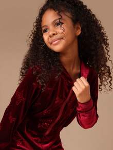 SUMWON Tween Girls Burgundy Velvet Butterfly Print Hoodie Sweatshirt Co-Ord Set Long Sleeve Zip Up Tracksuit Winter Fall