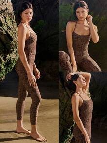 GLOWMODE FeatherFit™ Leopard T-Neck Racerback Tank Top Light Support Low Impact Yoga Studio  Spring Summer - Multicolor - View 6