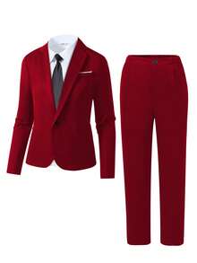 SHEIN 2件套青少年男孩绅士装，包含修身单排扣西装外套+优雅长裤。适合生日派对、婚礼、正式场合、演出、主持活动 - 酒紅色 - 查看 3