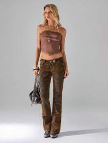 TRNVIE Women's Casual Street Style Flocked Denim Pants - Brown - View 3