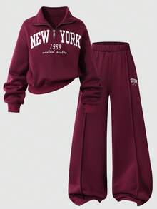 Sparklyn 2 件套青少年女孩休闲纽约字母图案立领运动衫和短裤套装，适合上学、通勤、郊游，适合搭配夹克、背心、外套，秋冬 - 酒紅色 - 查看 4