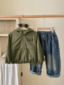 SHEIN 1件装男童休闲学院风百搭纯色黑色开襟连帽长袖外套，适合通勤、上学、日常休闲、学院风、返校、校服、幼儿园、生日派对、晚宴、婚礼、洗礼、开学典礼、旅行、运动、秋季、冬季、连帽衫、感恩节、圣诞节、冬季、冬季、舒适的秋冬款式 - 軍綠色 - 查看 6