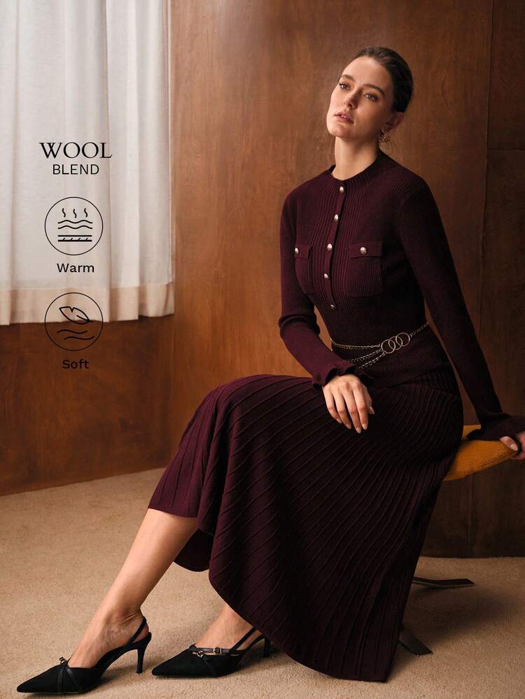 2pcs/Set Wool Blend Fitted Top & A-Line Midi Skirt Sweater Set, Autumn/Winter