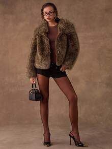 SHEIN BAE Women's Elegant Faux Fur Coat In Shades Of Brown,Winter Oversized Warm Outerwear For Night Out,Parties And Travel,Solid-Color Long-Sleeve Style - Coffee Brown - View 1