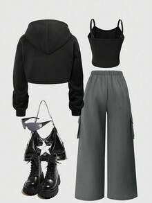 SHEIN ChillGRL 3pcs/Set Street Cool Kids Girls' Spring/Autumn American Casual Fashion Minimalist Hip Hop Style Cropped Hoodie, Midriff Exposed Sweatshirt, And Straight Leg Cargo Pants - Black - View 2