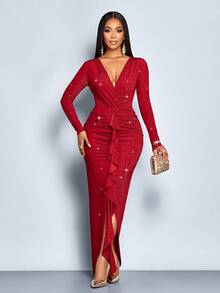 SOLERSUN 秋冬女装优雅通勤派对红色紧身性感闪粉亮片针织面料肩部褶皱交叉裹身深V领臀部聚拢荷叶边装饰前中开衩长袖腰部聚拢超长连衣裙 - 紅色 - 查看 6