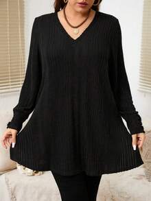 EMERY ROSE Plus Size Casual Solid Color Side Slit Long Sleeve T-Shirt, Versatile For Autumn Fall - Black - View 3