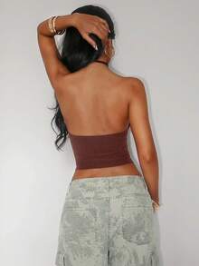 SHEIN Unity 性感朋克风纯色镂空挂脖上衣 - 棕色 - 查看 2