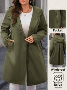 EMERY ROSE Plus Size Casual Solid Color Hooded Trench Coat, Autumn/Winter - Army Green - View 1