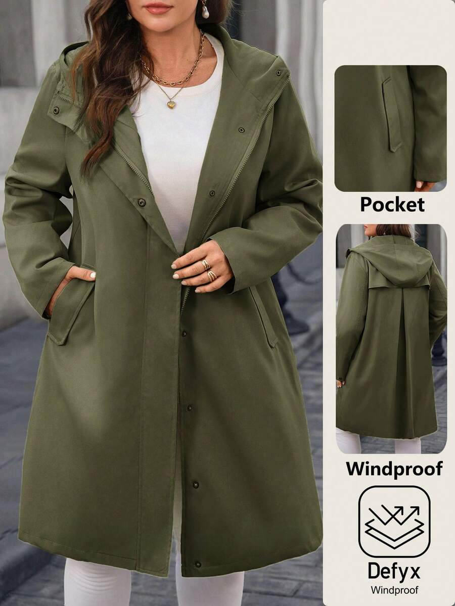 EMERY ROSE Plus Size Casual Solid Color Hooded Trench Coat, Autumn/Winter - Army Green - View 1