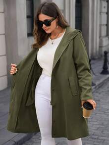 EMERY ROSE Plus Size Casual Solid Color Hooded Trench Coat, Autumn/Winter - Army Green - View 7