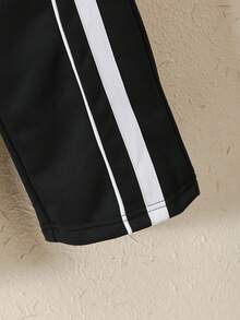 2pcs/Set Boys' Sports White Ribbed Collar Polo Shirt And Drawstring Sweatpants Set, Suitable For Autumn/Winter Outings - Black - View 4