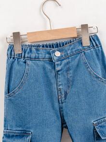 SHEIN 男童休闲宽松直筒撞色缝线工装牛仔裤 - 中等水洗藍 - 查看 3