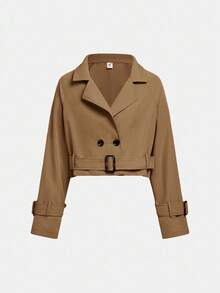 SHEIN Girlism Tween Girl Loose Casual Minimalist Comfortable Waist Cinched Elegant Stylish Cropped Windbreaker, Autumn/Winter