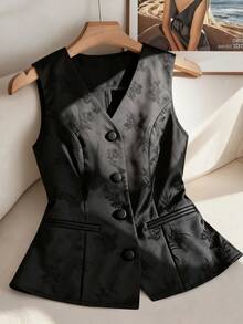 Franclia Áo thun nữ cỡ lớn kiểu dáng thanh lịch, cổ chữ V, chất liệu jacquard, không tay, dáng regular, thích hợp cho công sở và đi làm. - màu đen - Xem 1