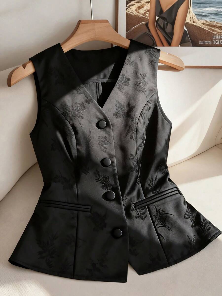 Franclia Áo thun nữ cỡ lớn kiểu dáng thanh lịch, cổ chữ V, chất liệu jacquard, không tay, dáng regular, thích hợp cho công sở và đi làm. - màu đen - Xem 1