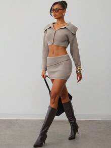 Hauture Women's Simple Daily Fall Winter Chunky Knitted Low Waist Foldover Mini Skirt - Brown - View 1