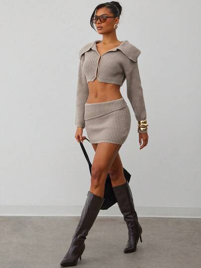 Hauture Women's Simple Daily Fall Winter Chunky Knitted Low Waist Foldover Mini Skirt