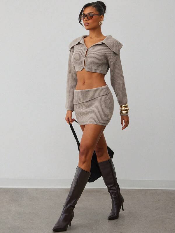 Hauture Minifalda de punto grueso de cintura baja y doblez para mujer, para uso diario en otoño e invierno