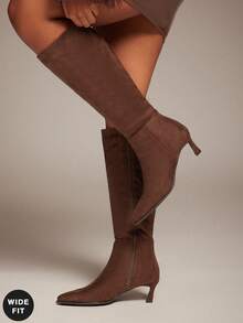 SHUZIA Women's Wide-Calf Fashionable & Comfortable Point Toe Side Zipper Kitten Heel Mid-Calf Boots For Christmas - Brown - View 4