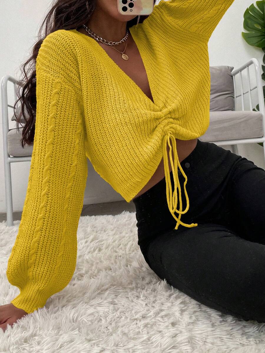 SHEIN Unity Sweater Pullover Wanita Kasual Warna Polos Leher V Lipit Bahu Jatuh - Kuning - View 1