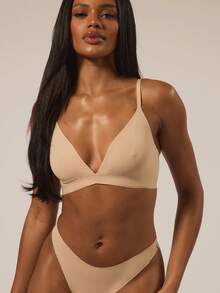 MUSERA ESSENTIALS V Plunge Adjustable Strap Bra And High Leg Thong Multipack Set Autumn Lounge Winter Fall Underwear Everyday Essential Spring Summer Vacation Holiday - Apricot - View 2