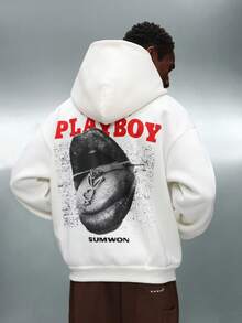 PLAYBOY X SUMWON 短款套头连帽衫，配有抽绳和中央口袋，休闲舒适，兼具街头风格 - 白色 - 查看 1