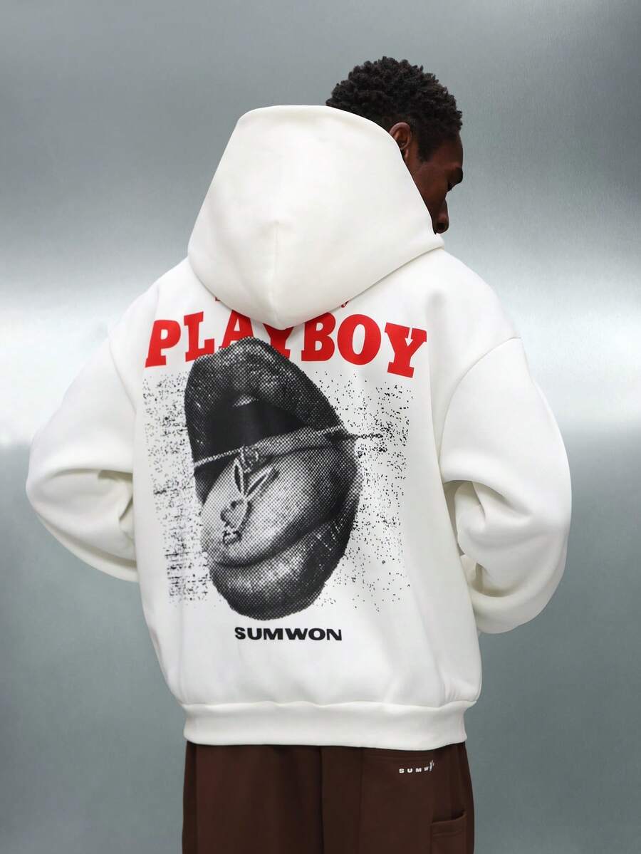 PLAYBOY X SUMWON 短款套头连帽衫，配有抽绳和中央口袋，休闲舒适，兼具街头风格 - 白色 - 查看 1