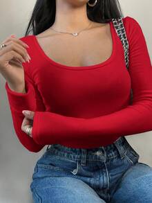 SHEIN BASICS 女士休闲纯色针织圆领长袖修身T恤，升级保暖面料，保暖内衬轻薄不臃肿，秋冬季修身弹力打底衫T恤 - 紅色 - 查看 3