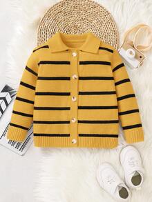 SHEIN 1pc Young Boys Casual Cute & Stylish Korean Striped Long Sleeve Cardigan Sweater, Suitable For Outings, School, Vacation, Autumn/Winter