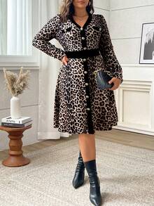 Vionelle Plus Size Women's French Casual Elegant Leopard Print Long Sleeve Dress, Autumn/Winter Cheetah Print Cheetah Animal Print Leopard Dress Cheetah Print Dress Dresses For Women Long Sleeve Leopard Print Plus Size Dress Buttons Dress With Sleeve Animal Print Dress Cheetah Dress For Women Leopard Dress Plus Size Cheetah Print Plus Size Animal Print Plus Size - Black - View 4