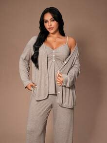 Lazeform Plus Size Solid Color V-Neck Button Decor Casual Knit Robe & Camisole Top & Pants 3 Pieces Pajama Set, Cozy Set, Winter Clothes - Grey - View 5