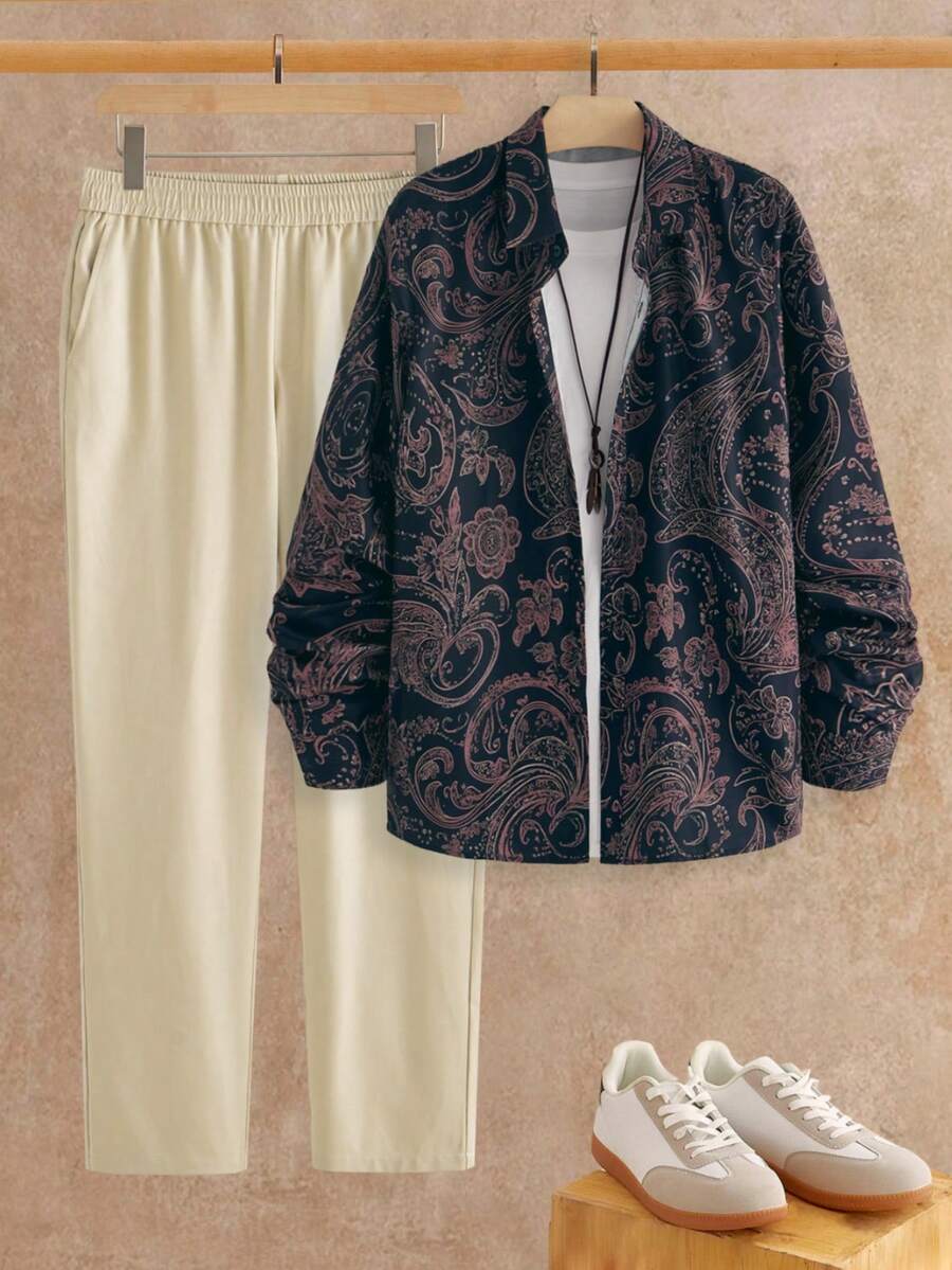 Manfinity VCAY Bộ áo sơ mi dài tay họa tiết Paisley Bohemian cổ điển và quần cạp chun cho nam đi làm hàng ngày đi tiệc - Nhiều màu - Xem 1
