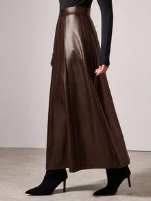 COSMINA 女士优雅长款PU裙，秋冬时尚 - 棕色 - 查看 6