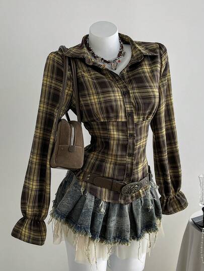 SHEIN Sweetro Camisa feminina retrô com cintura franzida e tecido xadrez minimalista