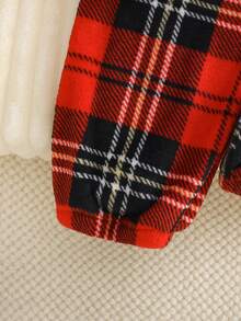 1 套少女蝴蝶结装饰奶油色长袖蓬松毛衣 + 蝴蝶结刺绣格子羊毛睡裤，弹力针织面料，可机洗，舒适合身的家庭装（1 套单独出售） - 紅白色 - 查看 5