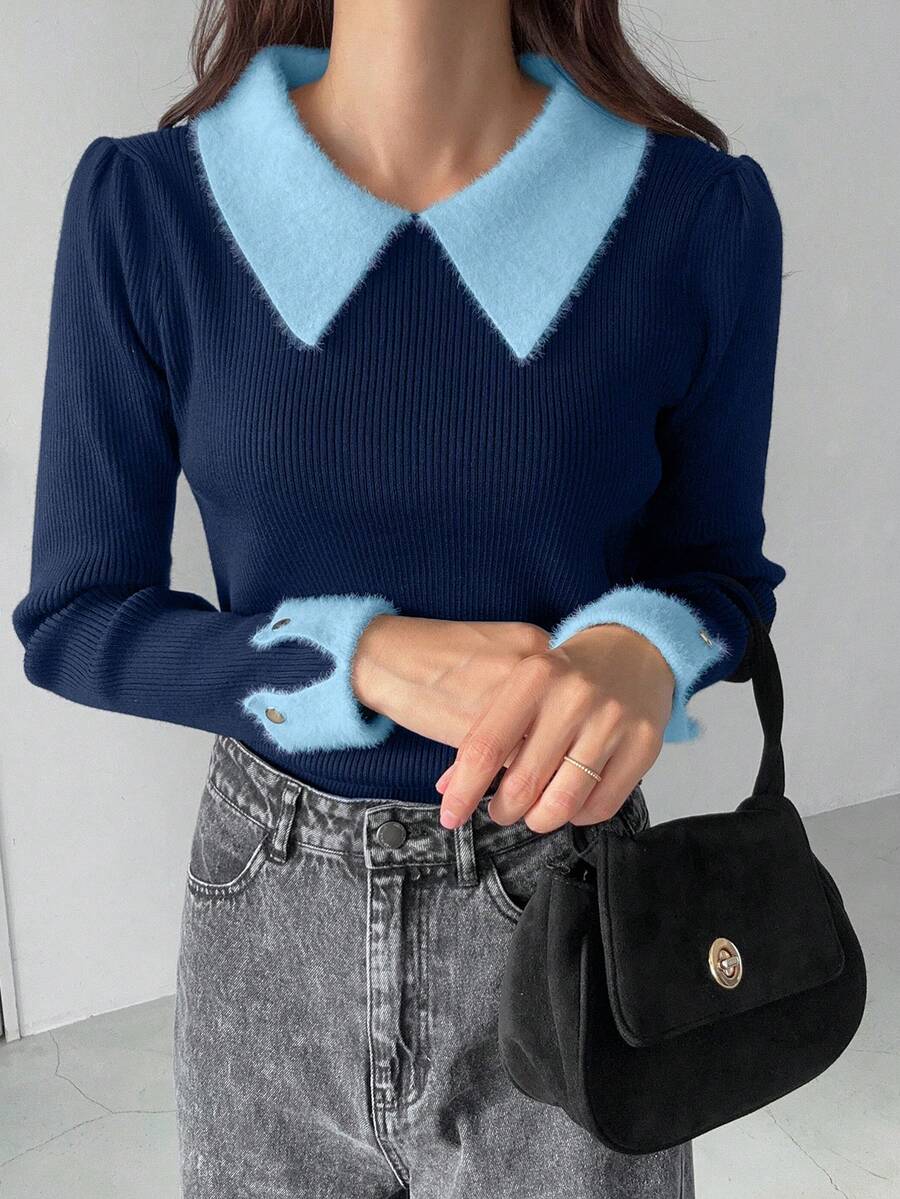 FRIFUL Women's Contrast Color Polo Neck Long Sleeve Knit Sweater - Navy Blue - View 1