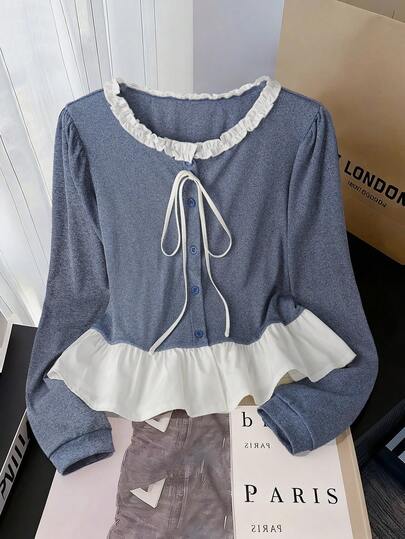 SHEIN Franclia เสื้อยืดคอกลมแต่งระบายระบาย ประดับโบว์ สำหรับฤดูใบไม้ร่วง