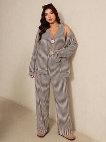 SHEIN Elaquor Bộ 2 món áo ba lỗ kẻ sọc thường ngày cho nữ cỡ lớn - Cà phê nâu - Xem 3