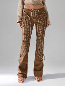 TRNVIE Quần Jeans Denim Dây Chéo Cổ Điển Cho Nữ - màu nâu - Xem 6