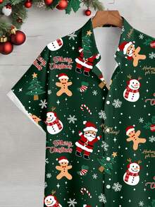 Manfinity Homme 男士休闲日常圣诞老人和圣诞树印花纽扣短袖衬衫 - 綠色 - 查看 3