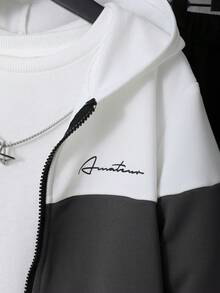 SHEIN 2pcs/Set Teenage Boys Contrast Color Casual Loose Hooded Sweatshirt Sweatshirt + Contrast Color Casual Sweatpants, Fleece, Thickened