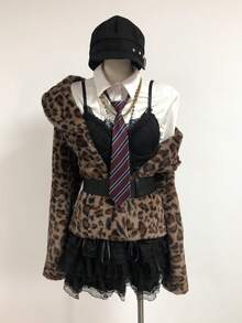 Elamini Áo khoác cardigan lông thỏ ve áo họa tiết da báo thu/đông mới dành cho nữ, phong cách cổ điển - màu nâu - Xem 5