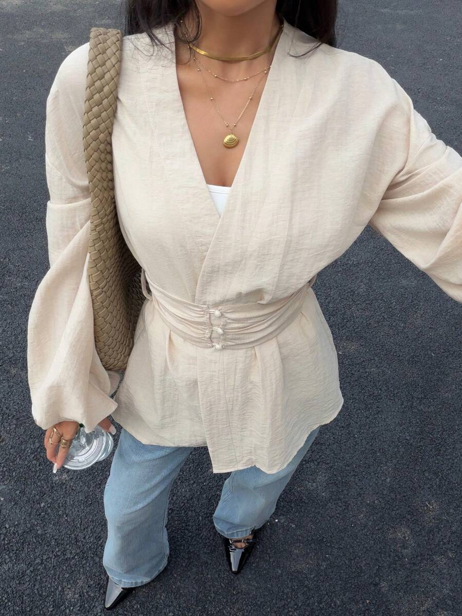 Siren Gaze 女士灯笼袖收腰衬衫，秋冬新品 - 杏色 - 查看 1